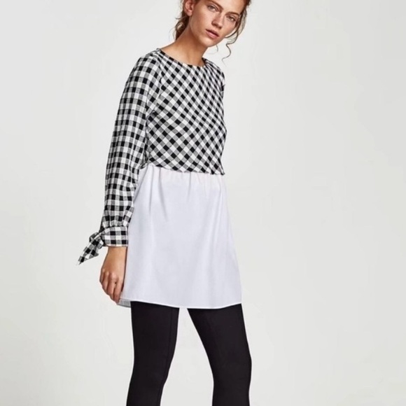 Zara Gingham Poplin Checkered Black & White Tunic Short Dress Top, Size XS - Picture 1 of 13